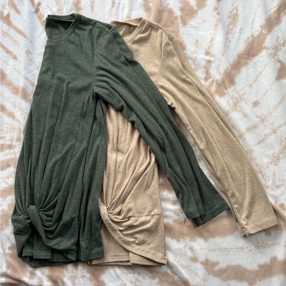 Twist-Hem Long Sleeve Top Duo - Olive & Beige